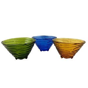 3 Swirly Ribbed Design Art Glass Bowls Footed Cobalt Blue Amber Avocado Green